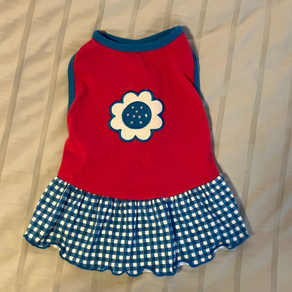 Pink and Blue Dog Dress with Flower Design S